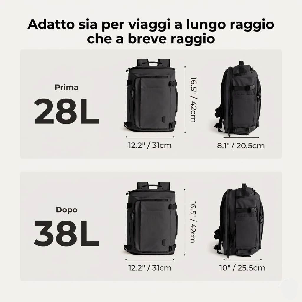Zaino da viaggio 38L per aereo – formato bagaglio a mano compatto e capiente