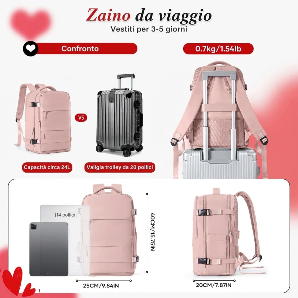 Zaino da Viaggio 40x20x25 cm - Bagaglio a Mano Ottimizzato e Compatto - Cabyno
