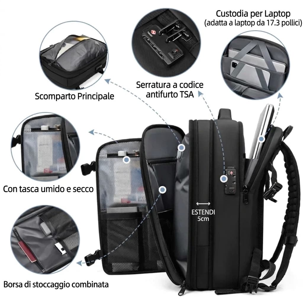 Zaino da Viaggio Sottovuoto 40L - Bagaglio a Mano Espandibile - Cabyno
