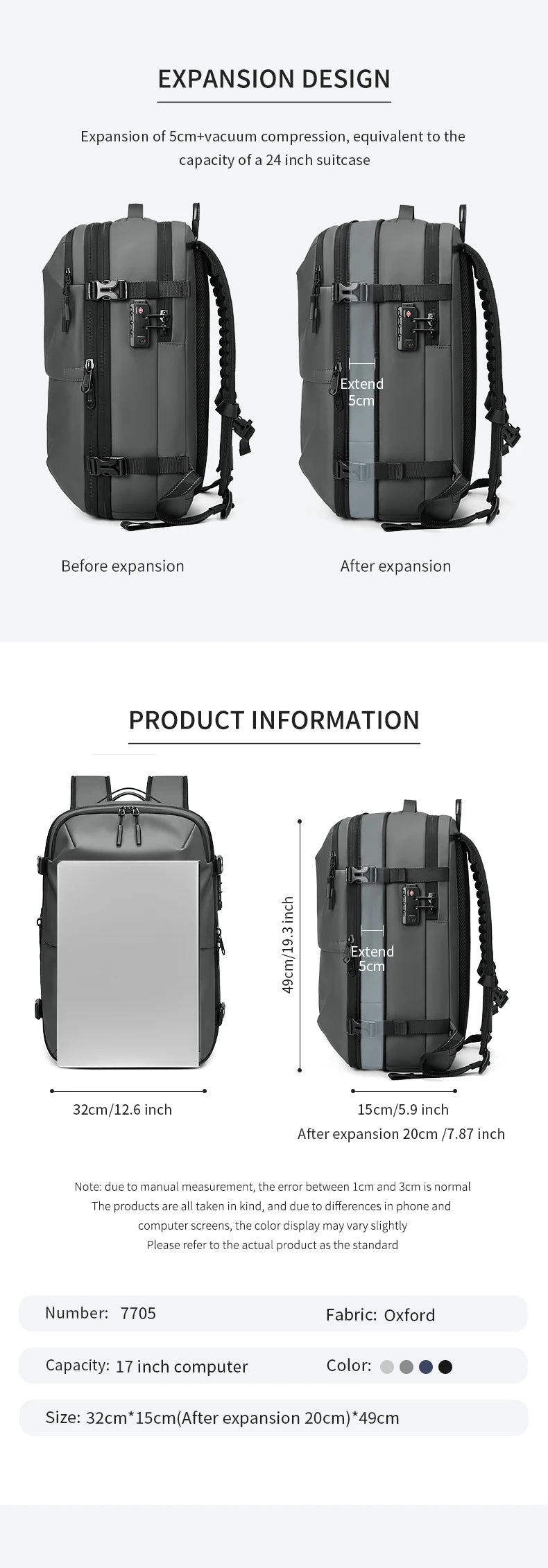 Zaino da viaggio sottovuoto 40L bagaglio a mano – zaino business con scomparto laptop 17